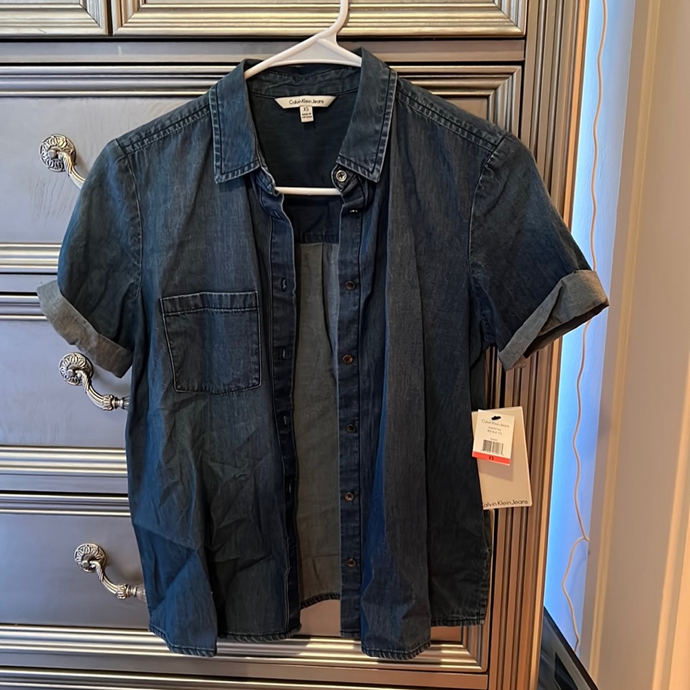 New Calvin Klein dark jean denim sleeve top button shirt